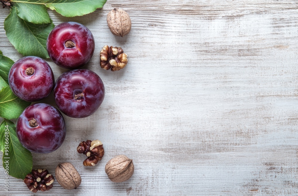 Plums and Walnuts on Rustic White Wooden Background Plums and Walnuts on Rustic White Wooden Background