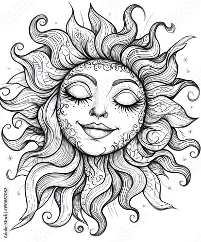 A stylized sun illustration with a serene face and flowing rays, designed for artistic purposes.