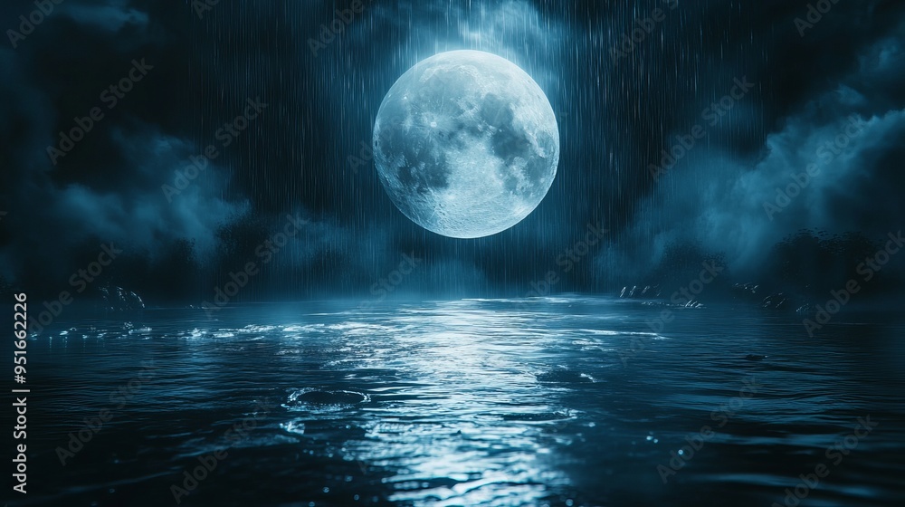 Bright full moon glowing over a tranquil lake at night during rainfall Bright full moon glowing over a tranquil lake at night during rainfall