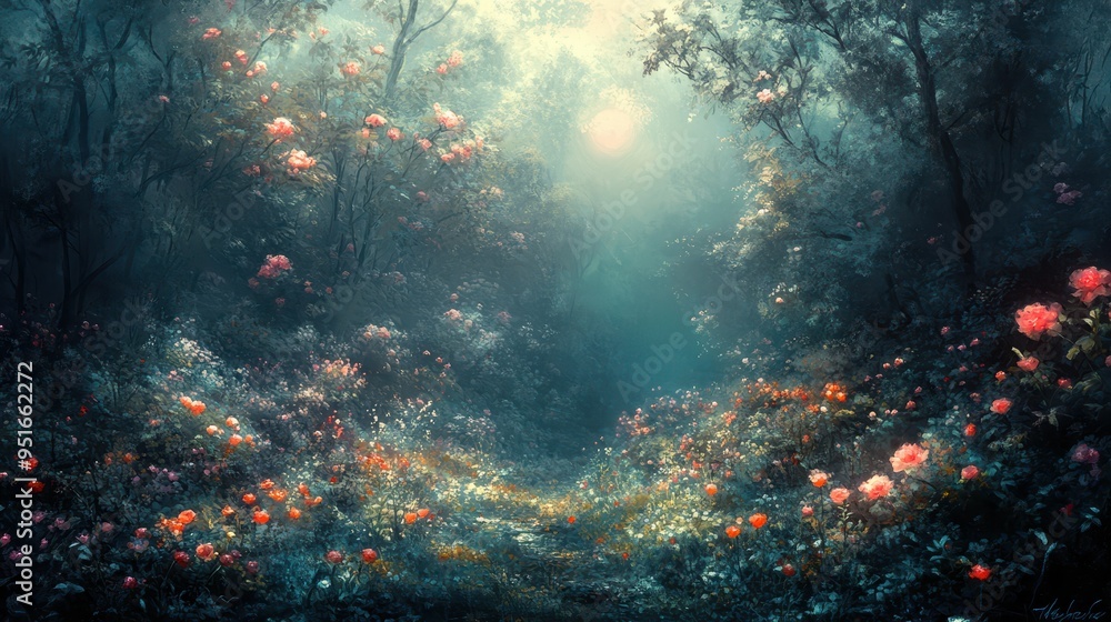 Enchanting Forest Path with Blooming Pink Flowers and Misty Light. Enchanting Forest Path with Blooming Pink Flowers and Misty Light.