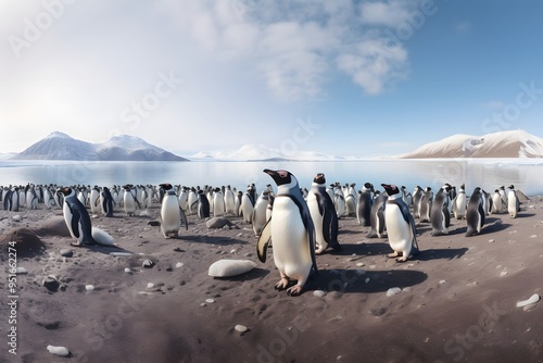 A group of penguins standing in a row in a snowy landscape