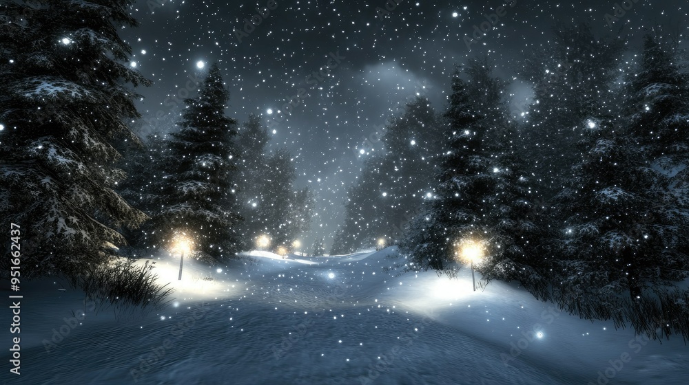 snow falling at night in a snowy dark forest with lights and stars snow falling at night in a snowy dark forest with lights and stars