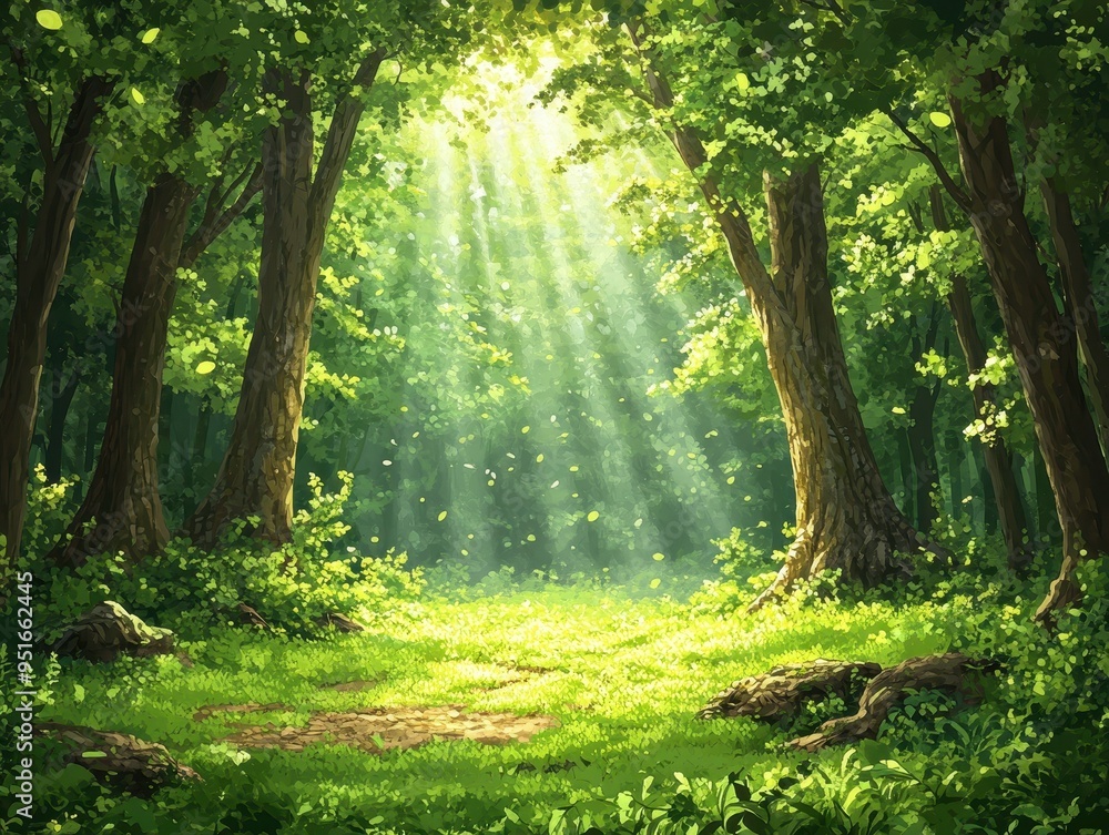 Obraz premium Sunbeams Through Lush Green Forest Trees, Sunlight Through Foliage, Woodland Path, Nature Background