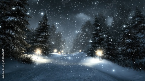 snow falling at night in a snowy dark forest with lights and stars