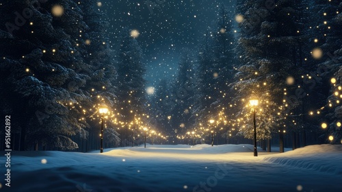 snow falling at night in a snowy dark forest with lights and stars photo