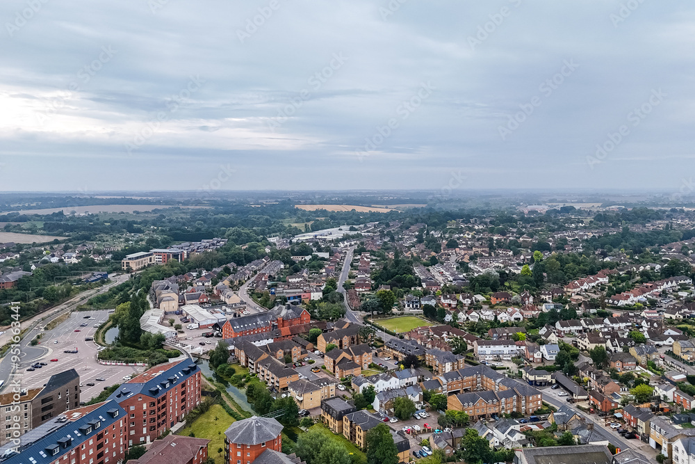 Fototapeta premium Aerial drone shot over the town of Bishops Stortford in England