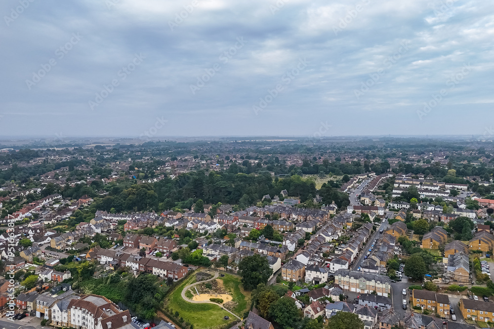 Fototapeta premium Aerial drone shot over the town of Bishops Stortford in England
