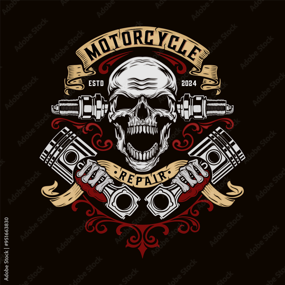 Fototapeta premium vintage biker logo. skull ribbon and piston vintage style for motorcycle club design