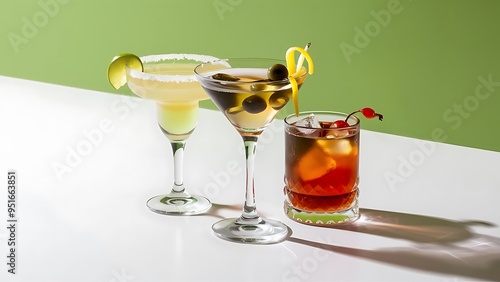 Three cocktails with alcohol margarita cocktail martini blue hawaian Iced tea with maraschino cherry isolated on a white background photo