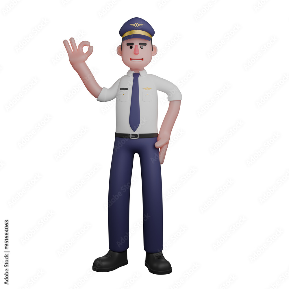 Animated Male Pilot. A pilot is standing with his left hand on his waist while his right hand forms an ok symbol. 3D Professional Animated Male Pilot. A pilot is standing with his left hand on his waist while his right hand forms an ok symbol. 3D Professional