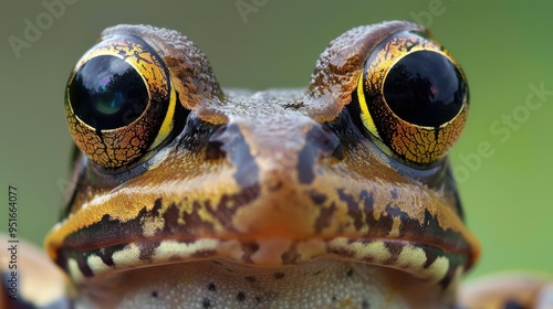 A close-up of a frogs face highlights its large, circular eyes. photo