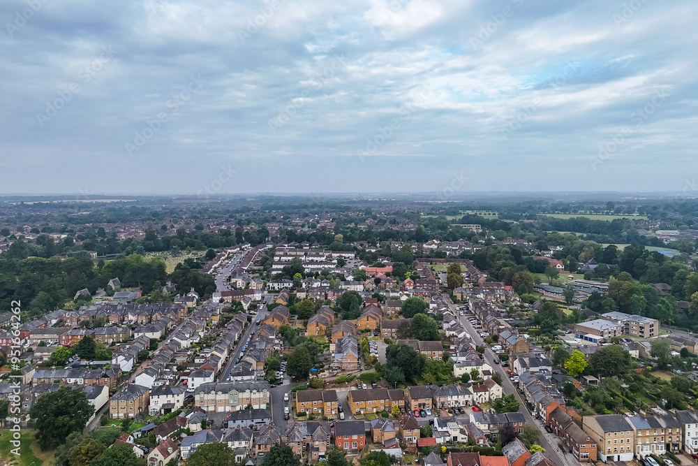 Naklejka premium Aerial drone shot over the town of Bishops Stortford in England