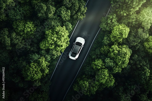 Top view of a white electric car driving dark green forest road, which is an elevated road that surrounds natural forest. with generative ai