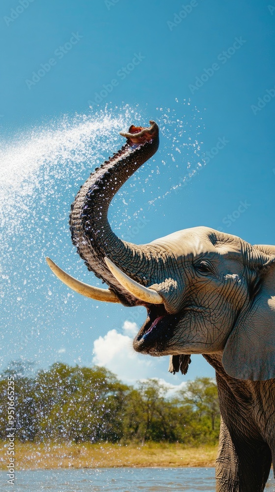 Fototapeta premium A majestic elephant playfully sprays water with its trunk against a clear blue sky, showcasing its beauty and grace in nature.