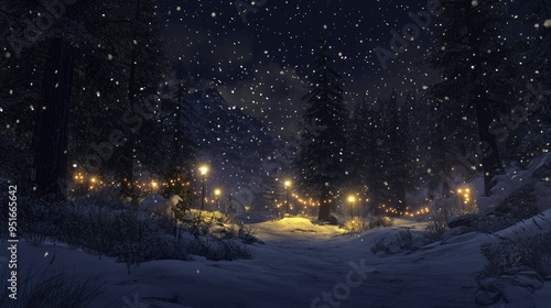 snow falling at night in a snowy dark forest with lights and stars