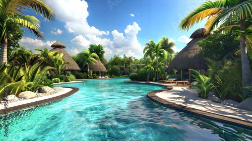 ** Tropical Resort Paradise With Vibrant Poolside, Thatched Huts, and Lush Palm Trees under Clear Blue Sky