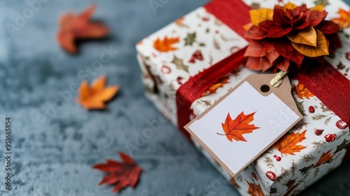 A closeup of a gift with a Thanksgiving themed tag and fall leaves, with room on the side for a holiday message