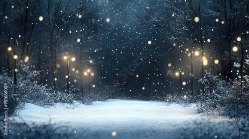 snow falling at night in a snowy dark forest with lights and stars