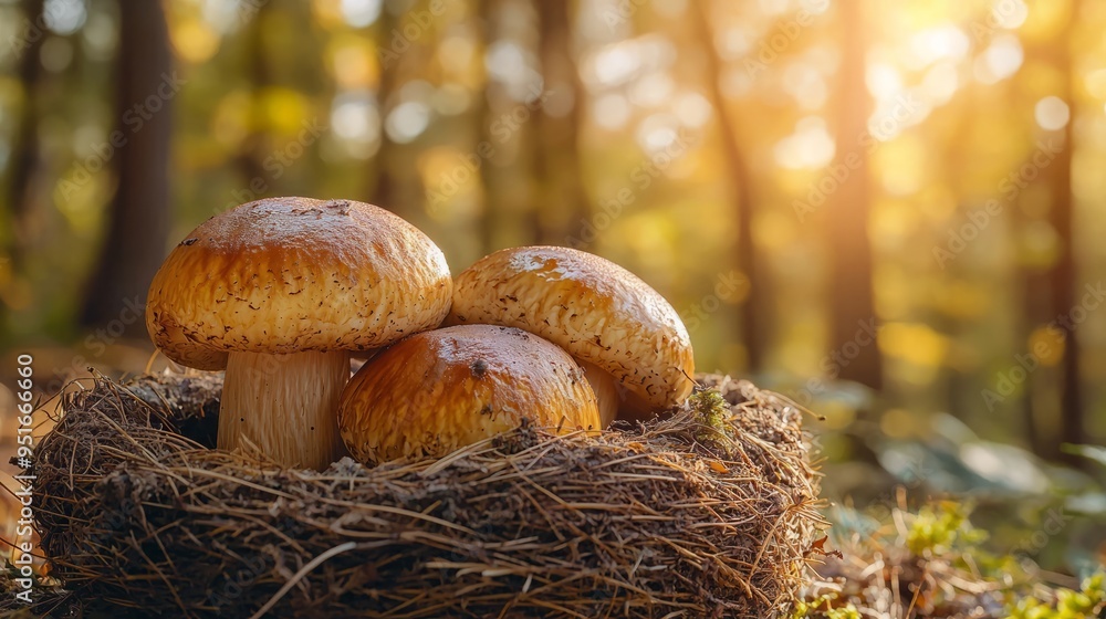 Fresh mushrooms in a bird's nest in a forest during sunrise Fresh mushrooms in a bird's nest in a forest during sunrise