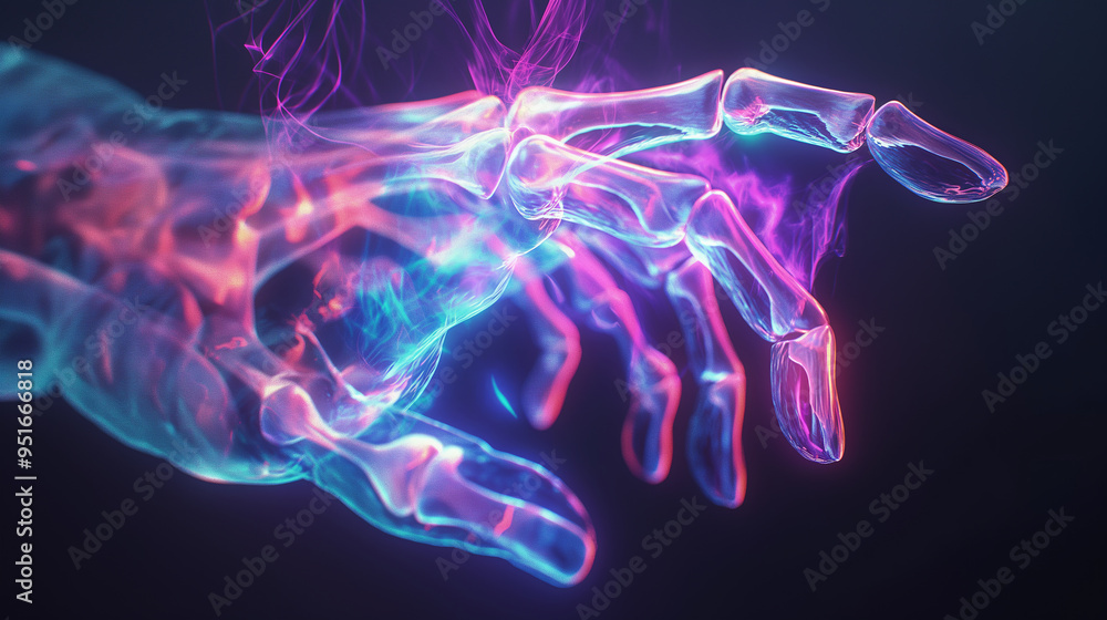 Digital Hologram of Skeleton Hand Showing Body Joint Pain. Digital Hologram of Skeleton Hand Showing Body Joint Pain.