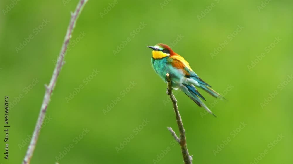 one Bee-eater (Merops apiaster) sits on a branch and chirps while foraging on a sunny summer morning in Magdeburg, Saxony-Anhalt, Germany, Europe