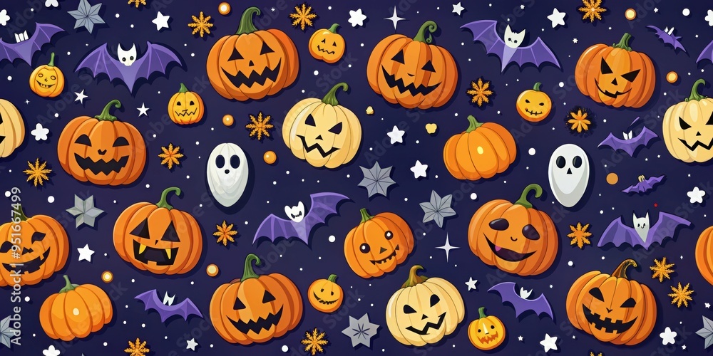 A spooky and colorful Halloween pattern featuring jack-o'-lanterns, bats, and masks, Halloween, spooky, colorful, pattern A spooky and colorful Halloween pattern featuring jack-o'-lanterns, bats, and masks, Halloween, spooky, colorful, pattern