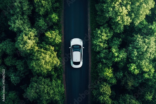 Top view of a white electric car driving dark green forest road, which is an elevated road that surrounds natural forest. with generative ai