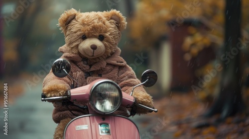 A teddy bear is riding a pink moped