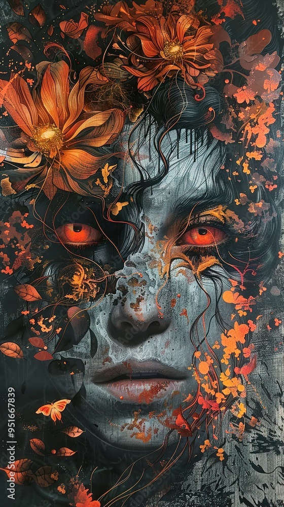 Surreal Portrait of a Woman with Flowers and Leaves Surreal Portrait of a Woman with Flowers and Leaves
