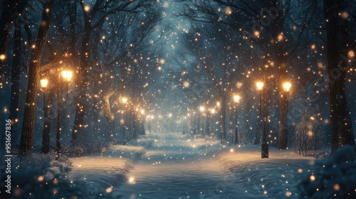 snow falling at night in a snowy dark forest with lights and stars photo