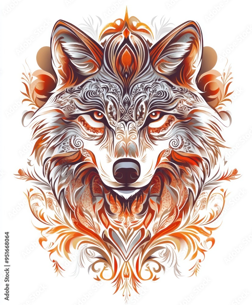 Ornate illustration of a wolf featuring intricate designs and warm colors. Ornate illustration of a wolf featuring intricate designs and warm colors.