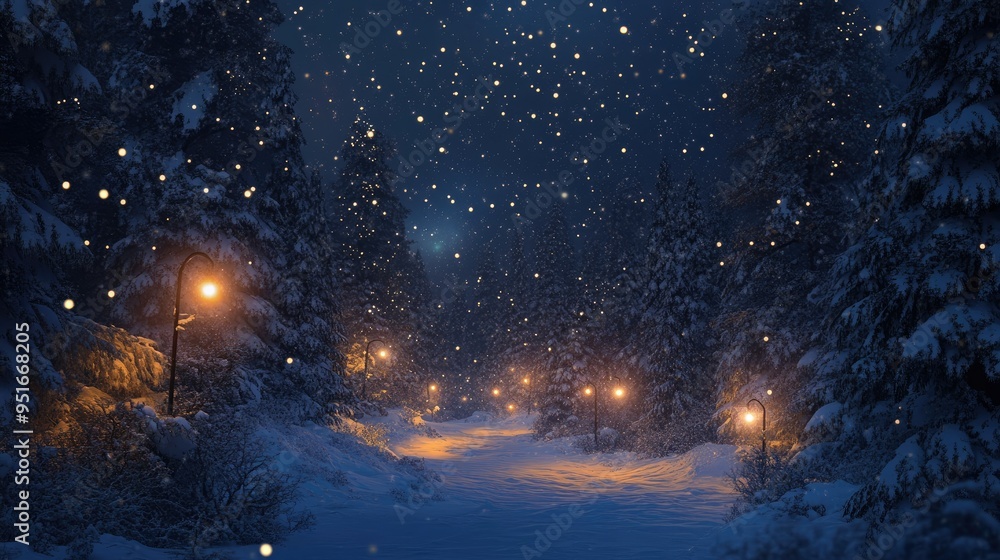 Naklejka premium snow falling at night in a snowy dark forest with lights and stars