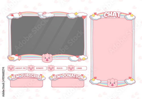 Cute Pink Pig Twitch Stream Overlay with Rainbow and Clouds
