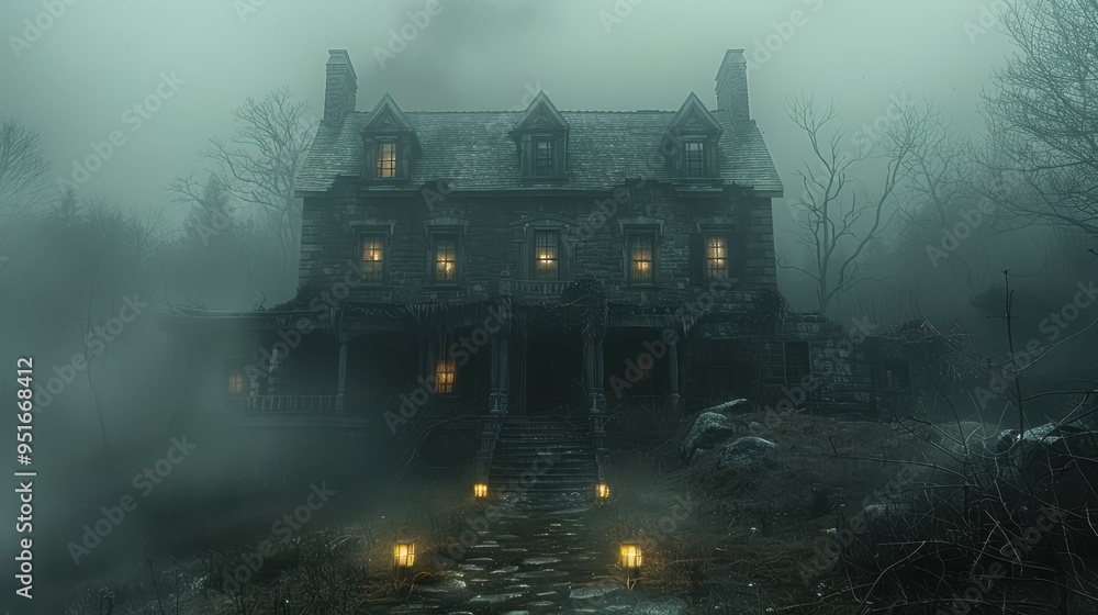 Mysterious, haunted house shrouded in fog, illuminated by warm lights. An eerie atmosphere creates a sense of intrigue and suspense. Mysterious, haunted house shrouded in fog, illuminated by warm lights. An eerie atmosphere creates a sense of intrigue and suspense.