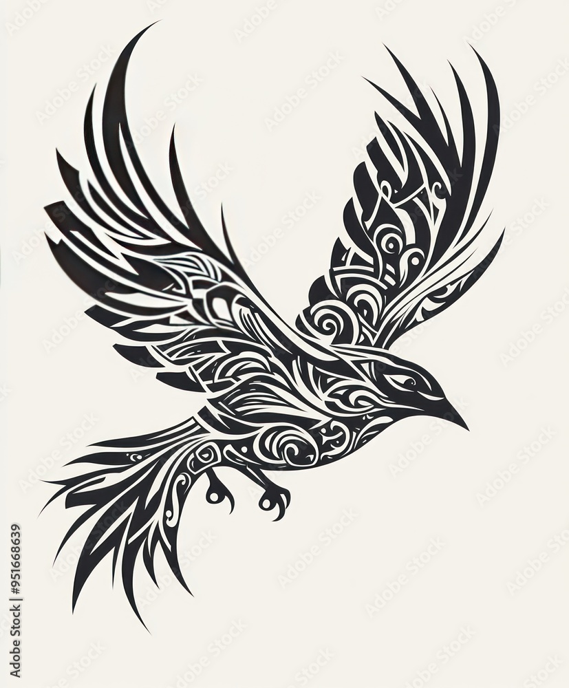 A stylized black and white illustration of a bird in flight with intricate patterns. A stylized black and white illustration of a bird in flight with intricate patterns.