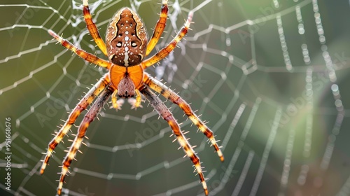 Detailed shot of a spider centered on its intricate web. photo