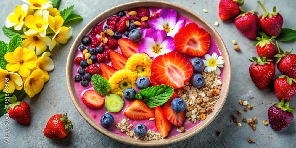 Vibrant smoothie bowl with flowers, fruits, and granola, healthy, breakfast, colorful, fresh, vibrant, smoothie bowl Vibrant smoothie bowl with flowers, fruits, and granola, healthy, breakfast, colorful, fresh, vibrant, smoothie bowl