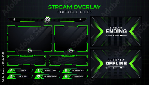 Green and Black Twitch Stream Overlay Template with Editable Files