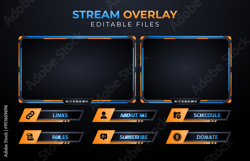 Modern Twitch Stream Overlay Design, Blue and Orange Editable Template