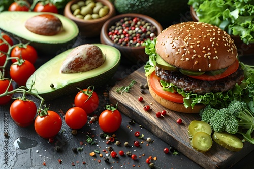 Wallpaper Mural Fresh Gourmet Burger with Avocado, Veggies, and Seasonings on Rustic Wooden Board Torontodigital.ca