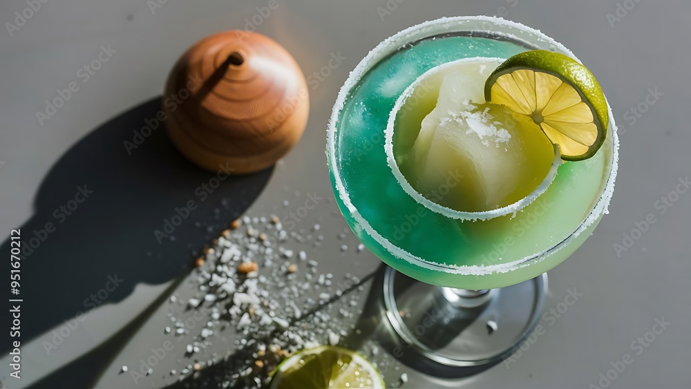 Selective focus of alcohol margarita cocktails with lime pieces and wooden squeezer on grey surface on white Selective focus of alcohol margarita cocktails with lime pieces and wooden squeezer on grey surface on white