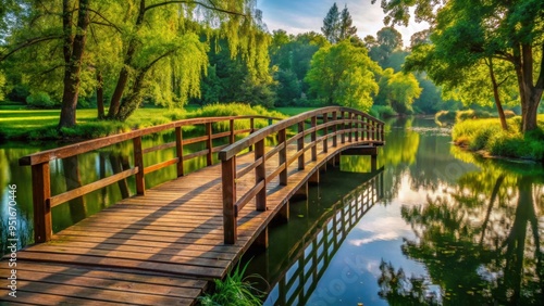 A beautiful wooden bridge over a calm river with lush greenery in the background, bridge, river, nature, landscape