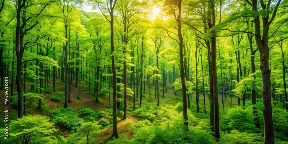 Fototapeta premium A detailed of a vibrant green forest , nature, trees, foliage, lush, environment, outdoors, landscape, ecosystem, flora