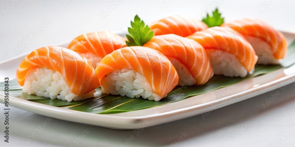 Salmon sushi served beautifully on a white plate, salmon sushi, Japanese cuisine, raw fish, sushi roll, sashimi Salmon sushi served beautifully on a white plate, salmon sushi, Japanese cuisine, raw fish, sushi roll, sashimi