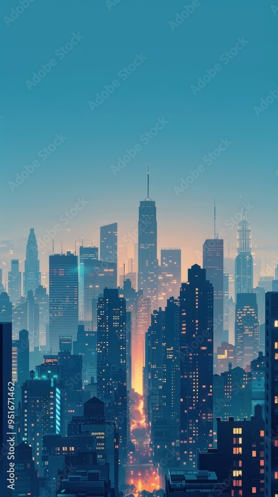 Fototapeta premium Empty city skyline dotted with half-completed skyscrapers, symbolizing the stall in construction due to recession.