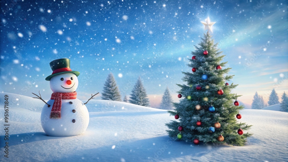 Snowman and Christmas tree in a snowy winter landscape, snowman, Christmas tree, winter, holiday, festive, decorations, cold Snowman and Christmas tree in a snowy winter landscape, snowman, Christmas tree, winter, holiday, festive, decorations, cold