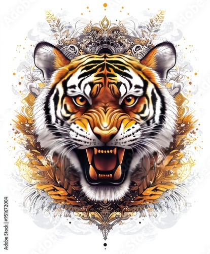 A fierce tiger head illustration with intricate details and vibrant colors.