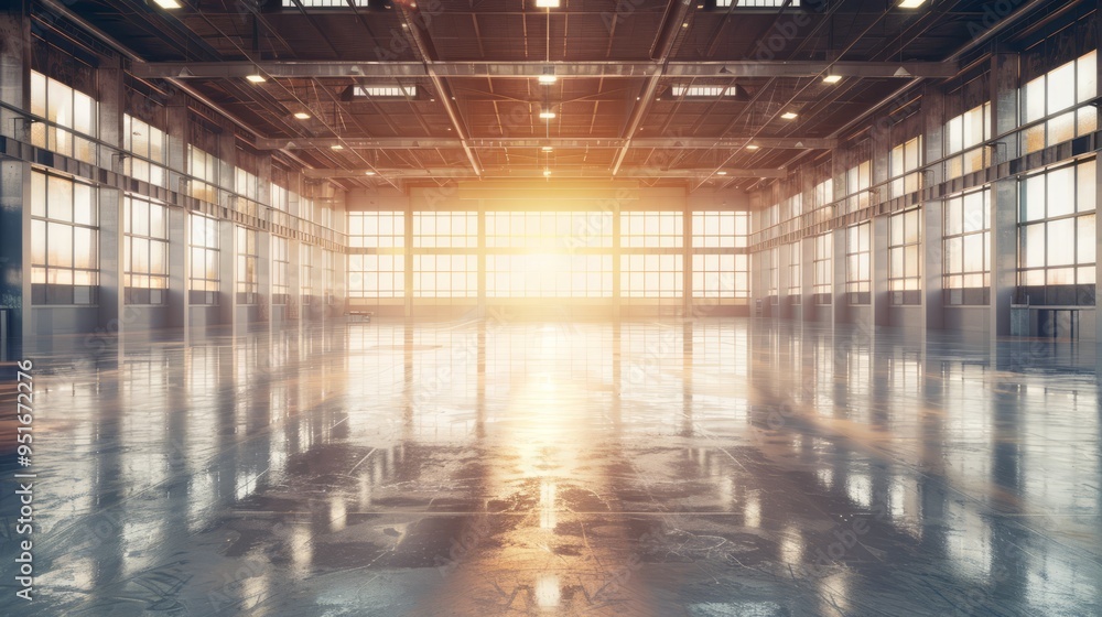 A large, empty warehouse with a sun shining through the windows A large, empty warehouse with a sun shining through the windows