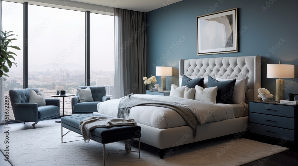 Luxury bedroom with city views, tufted headboard, and blue accents in a modern high-rise. Luxury bedroom with city views, tufted headboard, and blue accents in a modern high-rise.