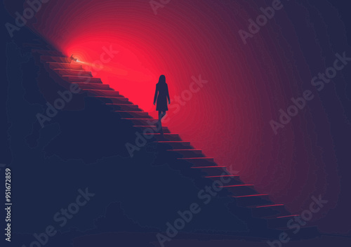 Business Vision Unveiled: Hand Holding Flashlight Reveals Career Steps, Business Couple Ascending Stairs in Dark Red Minimalistic Setting, Symbolizing Professional Growth and Advancement at Night